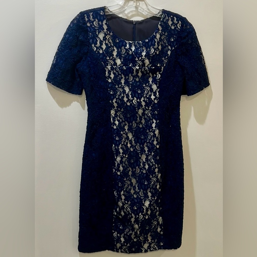 CW Designs Dress- Navy lace lined with bone underlay- like new